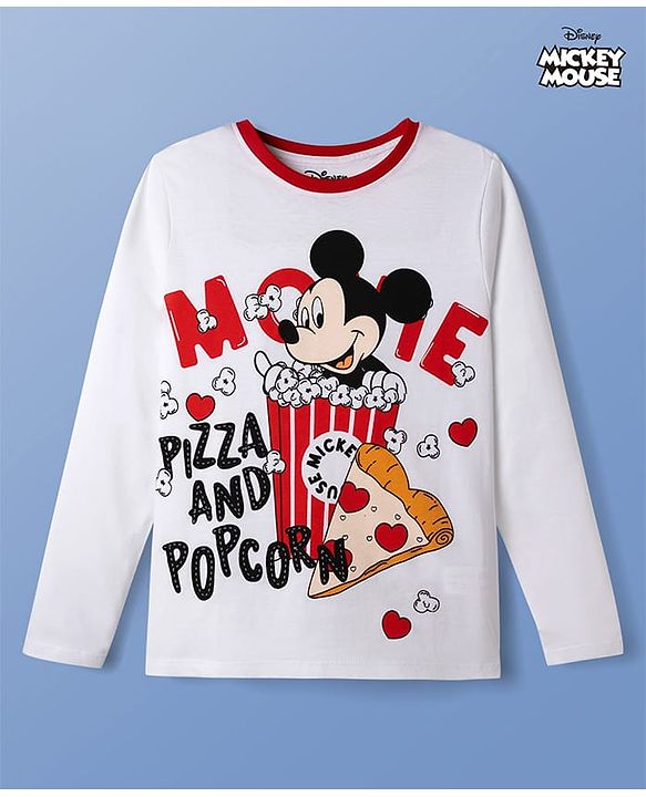 Pine Kids Disney Single Jersey Knit Full Sleeves T-Shirt with Mickey Mouse Graphics - White