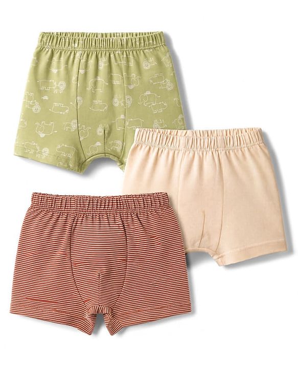 Babyhug 100% Cotton Single Jersey Knit Striped & Animals Printed Trunks Pack of 3 -Olive & Cream