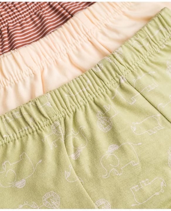 Babyhug 100% Cotton Single Jersey Knit Striped & Animals Printed Trunks Pack of 3 -Olive & Cream