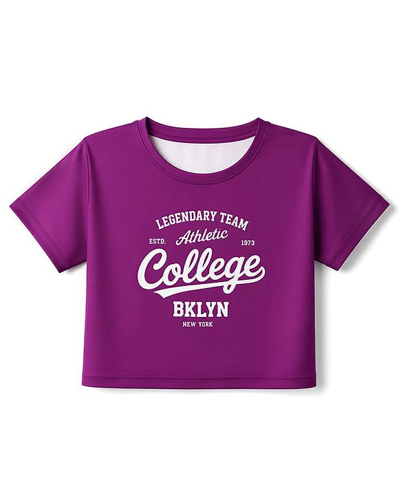 Pine Active Knit Drop Shoulder Half Sleeves Cropped T-Shirt With Text Print - Dark Pink