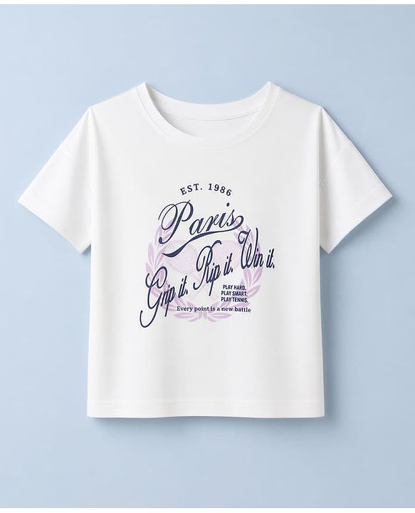 Pine Active Knit Drop Shoulder Half Sleeves Cropped T-Shirt with Text Print - White