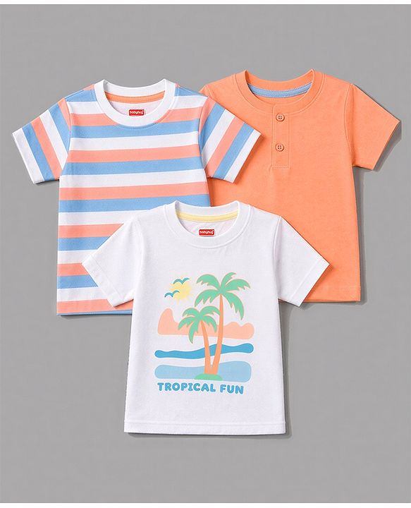 Babyhug 100% Cotton Knit Half Sleeves Striped & Solid T-Shirts Pack Of 3 - Orange & White