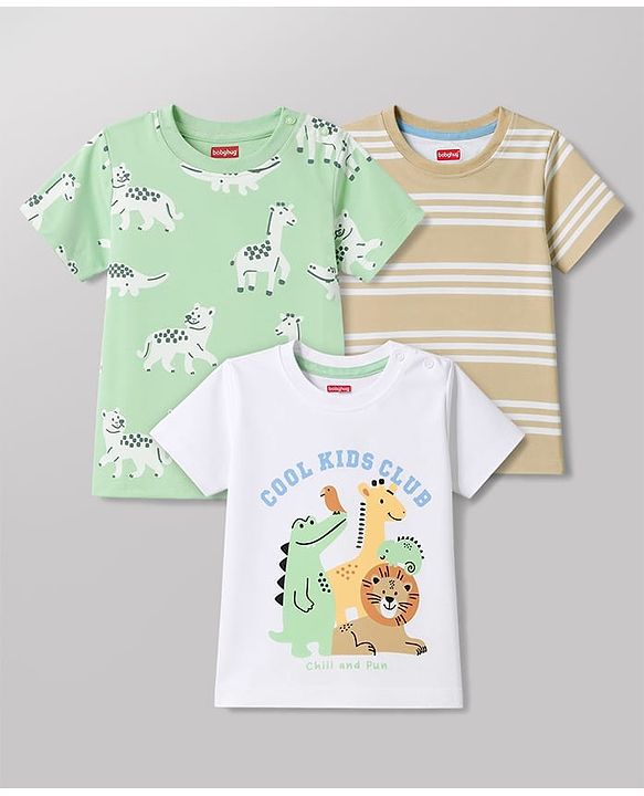 Babyhug 100% Cotton Knit Half Sleeves Striped & Animal Printed T-Shirts Pack Of 3 -Light Green & White