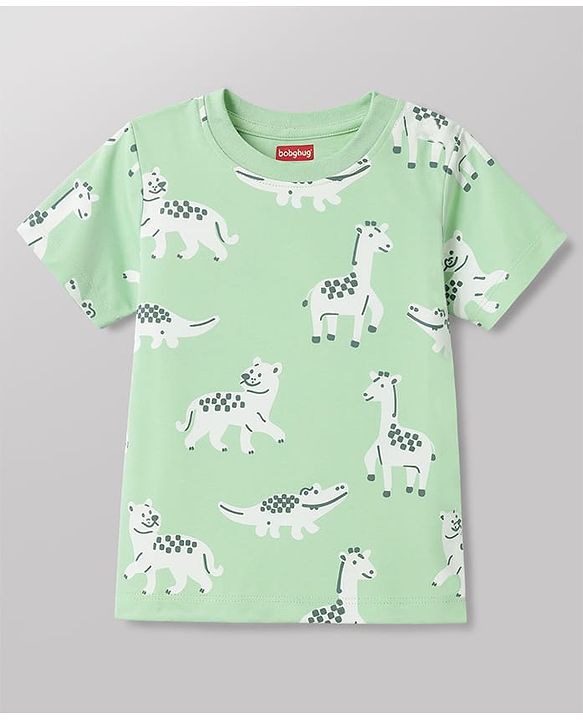 Babyhug 100% Cotton Knit Half Sleeves Striped & Animal Printed T-Shirts Pack Of 3 -Light Green & White