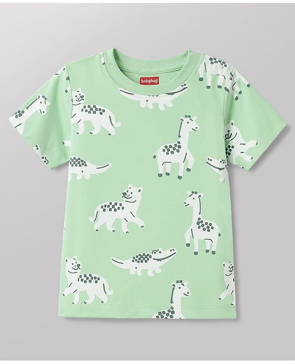 Babyhug 100% Cotton Knit Half Sleeves Striped & Animal Printed T-Shirts Pack Of 3 -Light Green & White