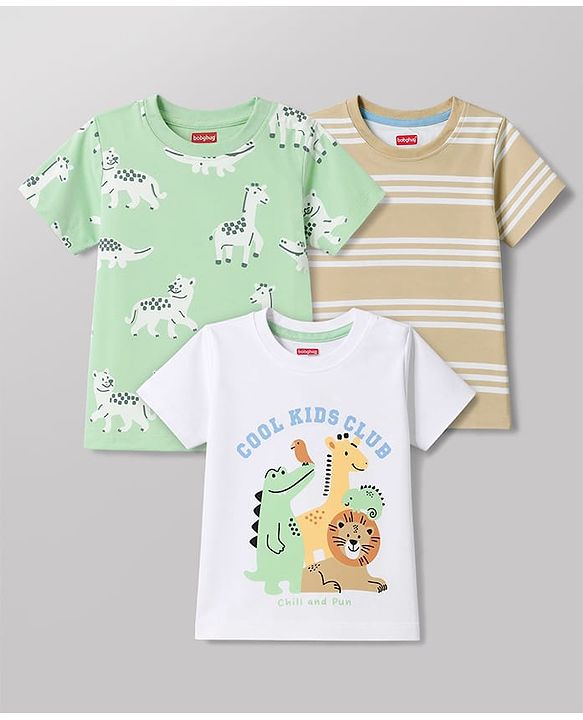 Babyhug 100% Cotton Knit Half Sleeves Striped & Animal Printed T-Shirts Pack Of 3 -Light Green & White
