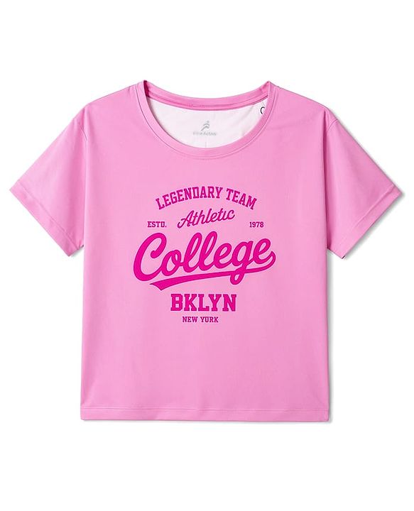 Pine Active Knit Drop Shoulder Half Sleeves Cropped Text Printed T-Shirt - Light Pink