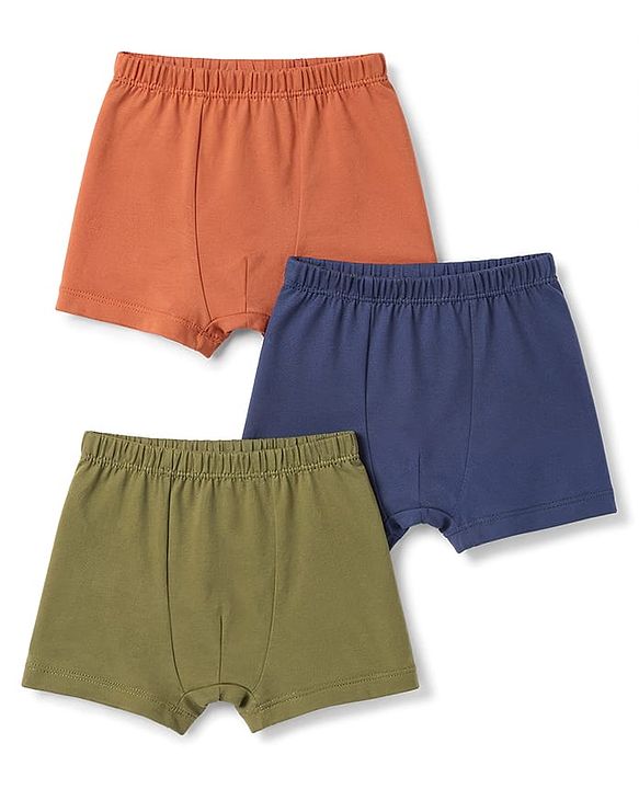 Babyhug 100% Cotton Knit Solid Briefs Pack Of 3 - Navy Blue Olive Green & Rust Orange