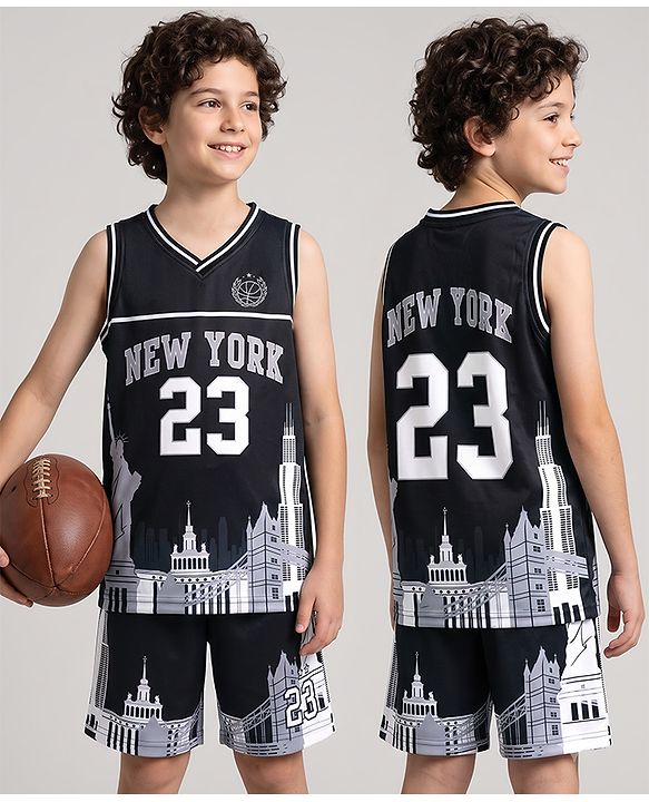 Pine Active Knit Basket Ball Sleeveless Tee With Shorts Set - Black