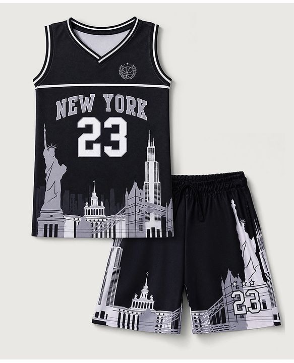 Pine Active Knit Basket Ball Sleeveless Tee With Shorts Set - Black