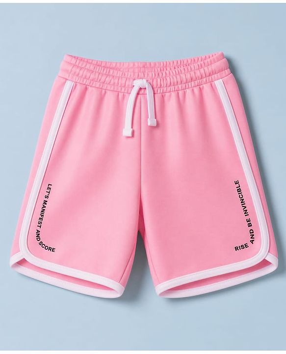 Pine Active Knit Half Sleeves Text Printed T-Shirt & Shorts Set - White & Pink