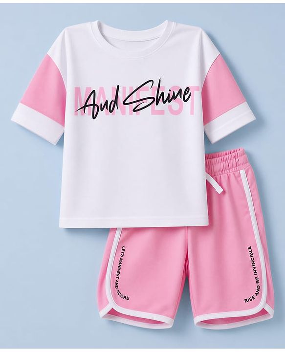 Pine Active Knit Half Sleeves Text Printed T-Shirt & Shorts Set - White & Pink