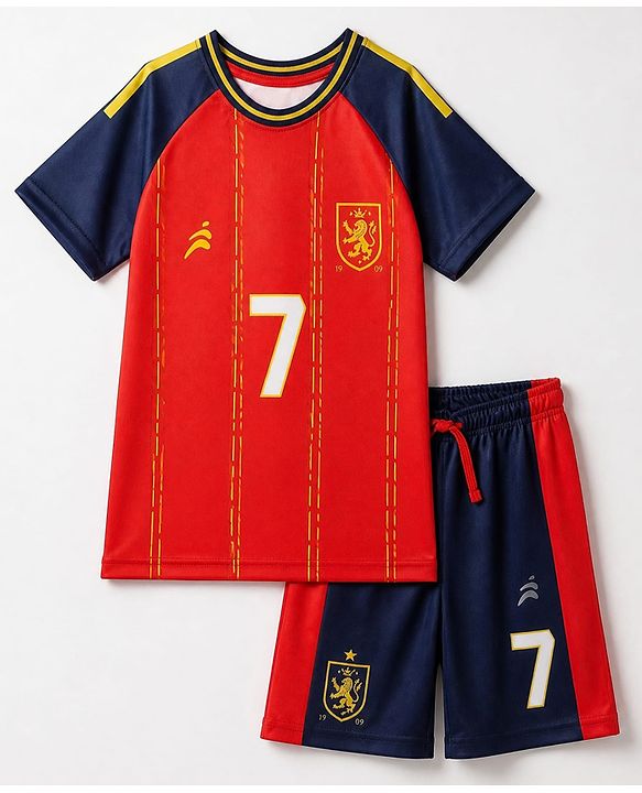 Pine Active Knit Half Sleeves Tee With Shorts Football With Text Print - Red