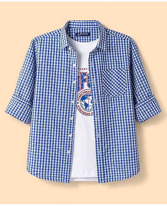 Pine Kids 100% Cotton WOven Full Sleeves Checked Shirt With Text Printed Tank T-Shirt - Multicolor