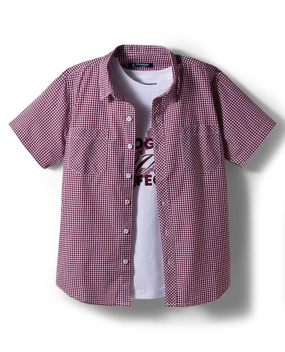 Pine Kids Cotton Woven Checks Shirt With Printed T-Shirt - Red