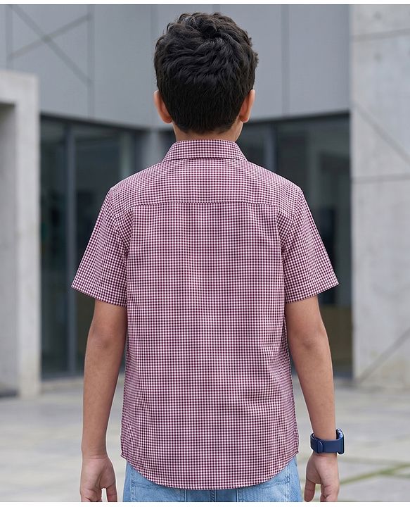 Pine Kids Cotton Woven Checks Shirt With Printed T-Shirt - Red