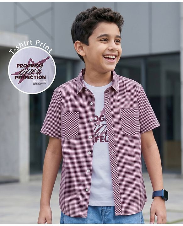 Pine Kids Cotton Woven Checks Shirt With Printed T-Shirt - Red