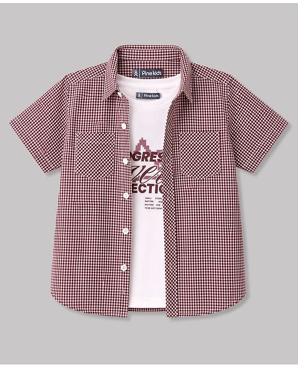 Pine Kids Cotton Woven Half Sleeves Checks Shirt With  Tank T-Shirt - Maroon