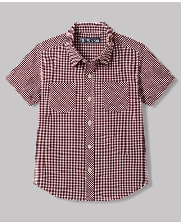 Pine Kids Cotton Woven Half Sleeves Checks Shirt With  Tank T-Shirt - Maroon