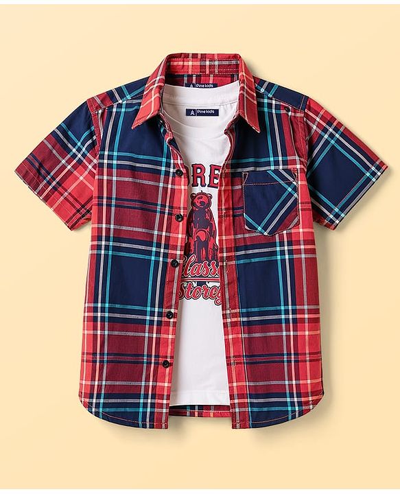Pine Kids 100% Cotton Woven Half Sleeves Checked Shirt With Vehicles Printed Tank Inner Tee - Red