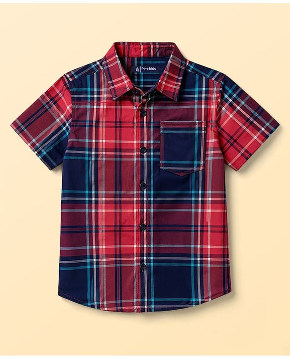 Pine Kids 100% Cotton Woven Half Sleeves Checked Shirt With Vehicles Printed Tank Inner Tee - Red