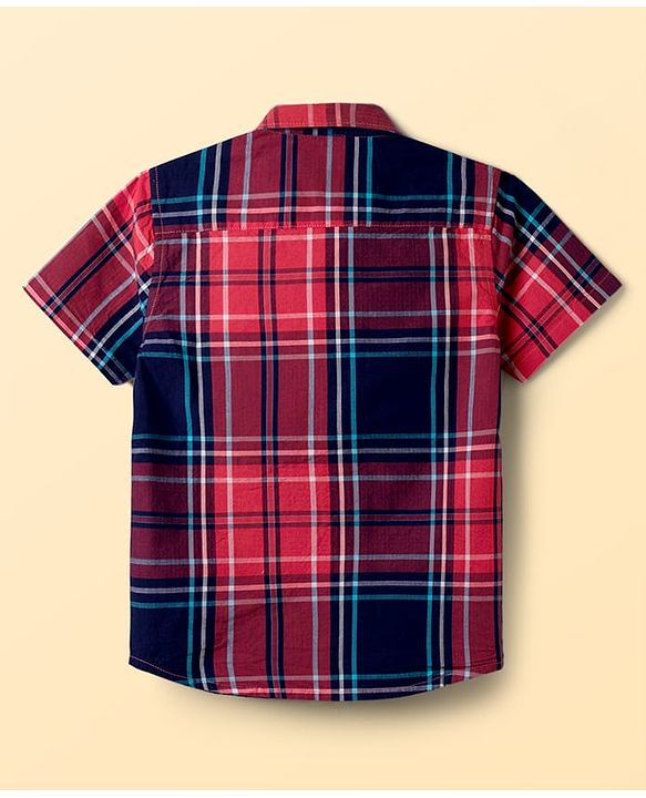 Pine Kids 100% Cotton Woven Half Sleeves Checked Shirt With Vehicles Printed Tank Inner Tee - Red
