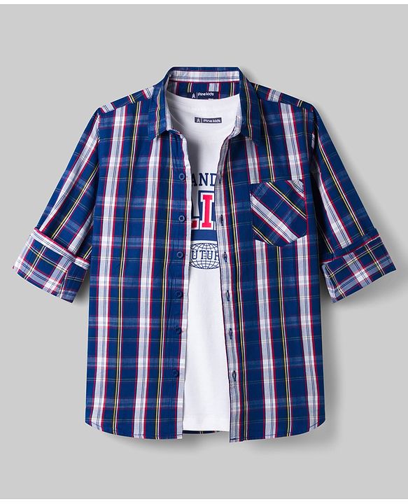 Pine Kids Cotton Woven Checks Shirt with T-Shirt Blue 4-5 Years