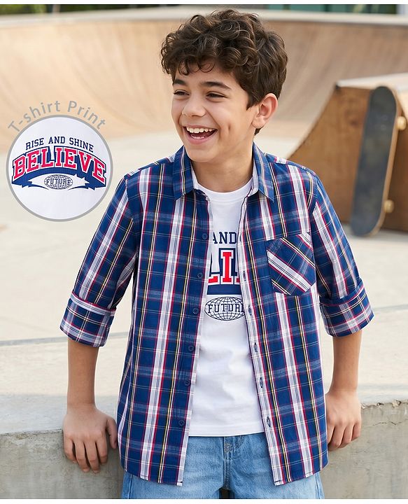 Pine Kids Cotton Woven Checks Shirt with T-Shirt Blue 4-5 Years