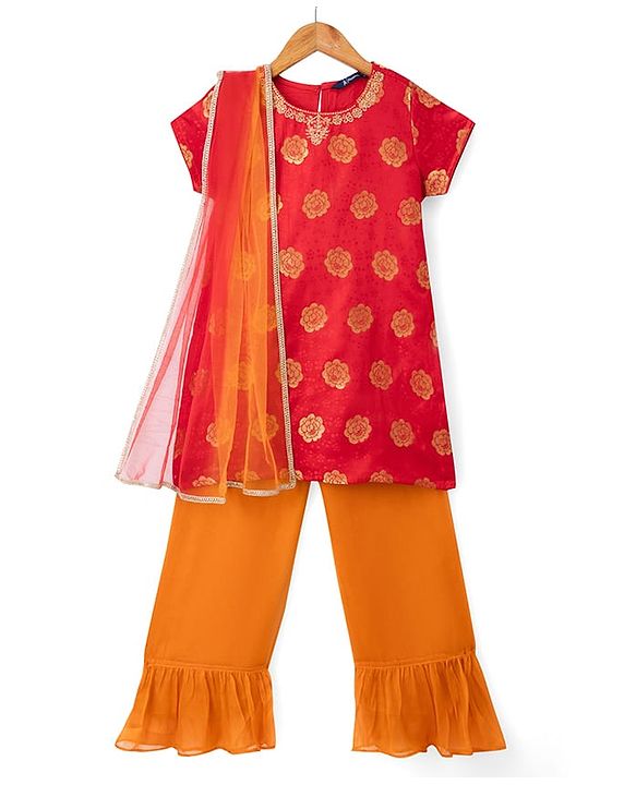 Pine Kids Woven Half Sleeves Floral Foil Printed Kurti Chudidar Set With Dupatta - Red