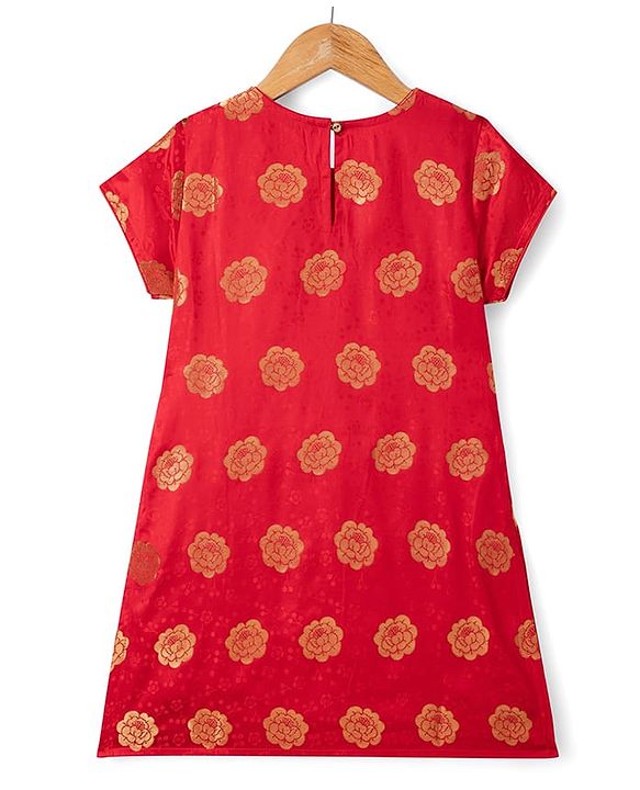 Pine Kids Woven Half Sleeves Floral Foil Printed Kurti Chudidar Set With Dupatta - Red