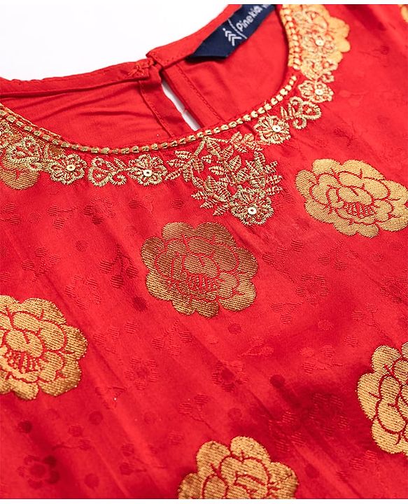 Pine Kids Woven Half Sleeves Floral Foil Printed Kurti Chudidar Set With Dupatta - Red