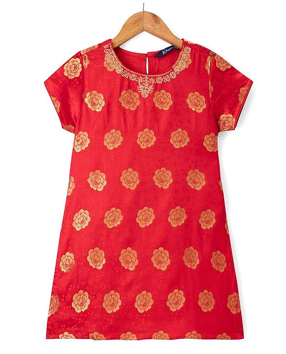 Pine Kids Woven Half Sleeves Floral Foil Printed Kurti Chudidar Set With Dupatta - Red