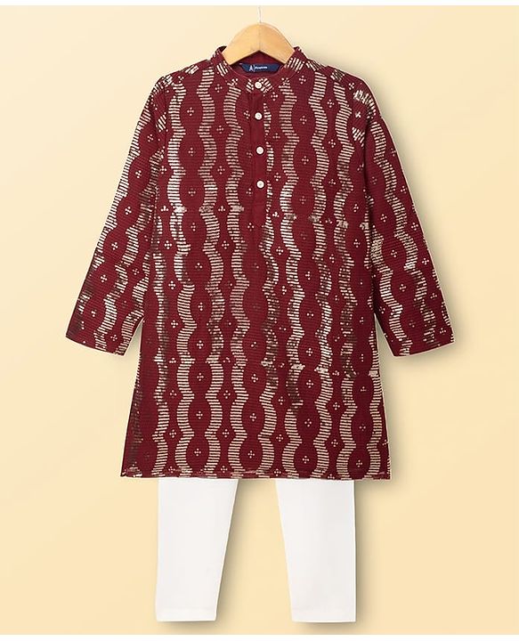 Pine Kids Woven Full Sleeves Sequinned Kurta & Pyjama Set - Maroon