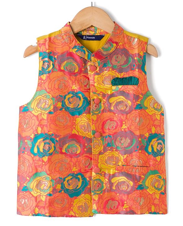 Pine Kids Woven Full Sleeves Floral Printed Kurta & Pyjama Set With Jacket - Yellow