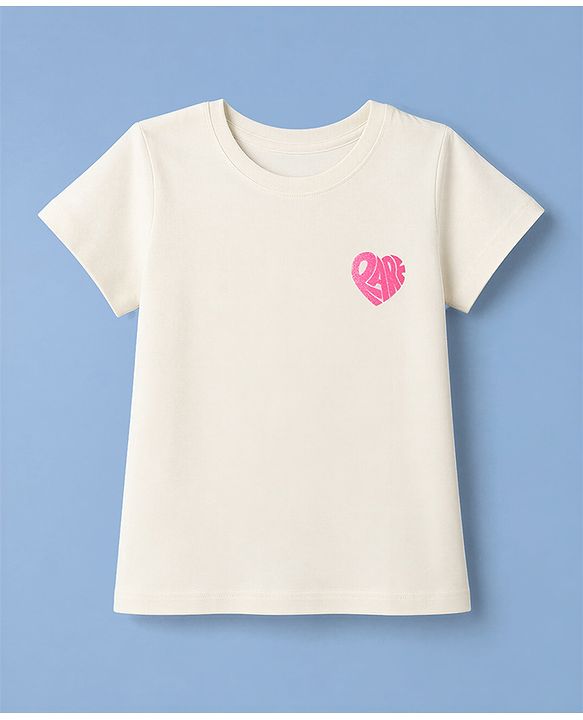 Pine Kids Cotton Knit Half Sleeves T-Shirt with Heart Print - White