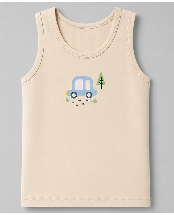 Babyhug 100% Cotton Single Jersey Knit Sleeveless Sandos with Stripes & Car Print Pack of 3 - White Tan & Blue