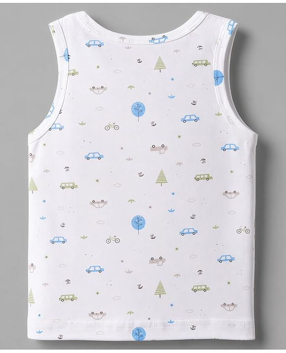 Babyhug 100% Cotton Single Jersey Knit Sleeveless Sandos with Stripes & Car Print Pack of 3 - White Tan & Blue