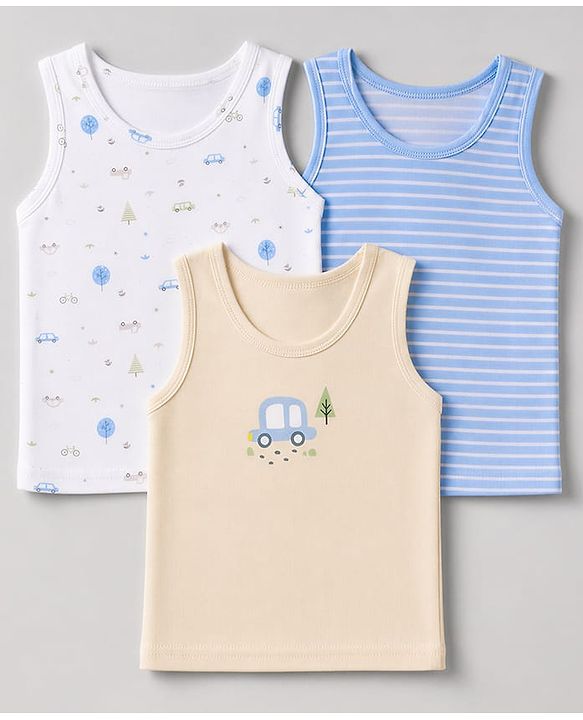 Babyhug 100% Cotton Single Jersey Knit Sleeveless Sandos with Stripes & Car Print Pack of 3 - White Tan & Blue