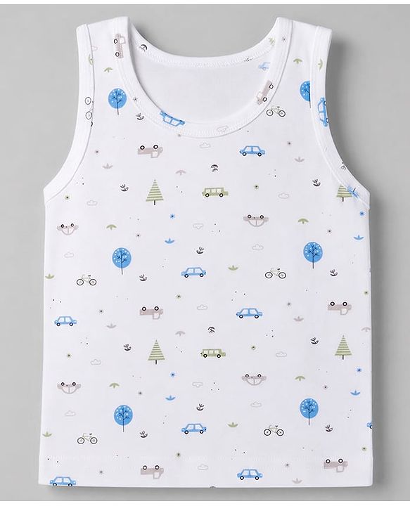 Babyhug 100% Cotton Single Jersey Knit Sleeveless Sandos with Stripes & Car Print Pack of 3 - White Tan & Blue