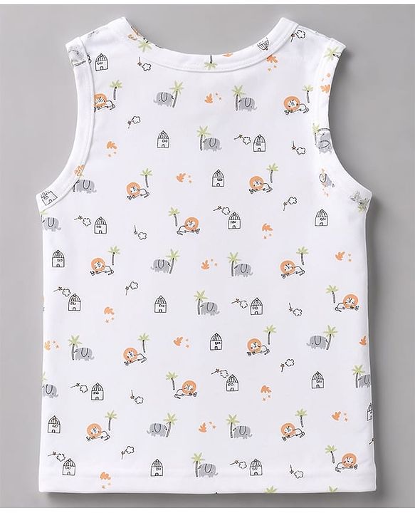 Babyhug 100% Cotton Single Jersey Knit Sleeveless Sando With Lion Print Pack of 3 - White Lavender & Light Green