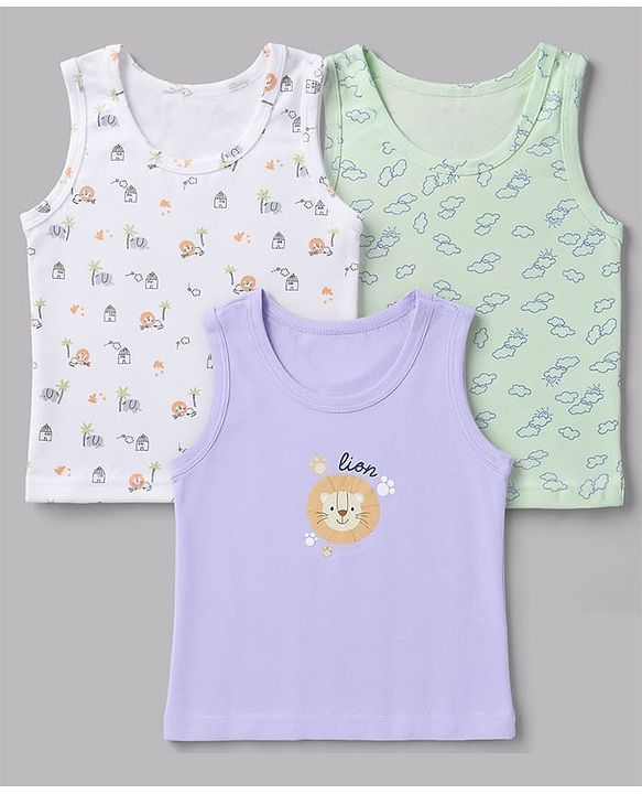 Babyhug 100% Cotton Single Jersey Knit Sleeveless Sando With Lion Print Pack of 3 - White Lavender & Light Green