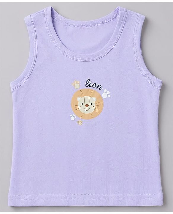 Babyhug 100% Cotton Single Jersey Knit Sleeveless Sando With Lion Print Pack of 3 - White Lavender & Light Green