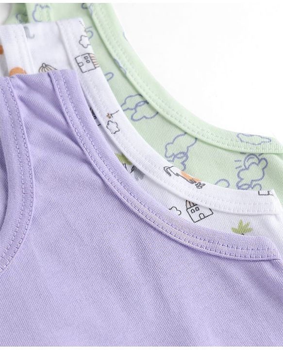 Babyhug 100% Cotton Single Jersey Knit Sleeveless Sando With Lion Print Pack of 3 - White Lavender & Light Green