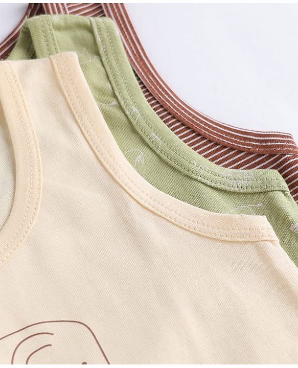 Babyhug 100% Cotton Single Jersey Knit Sleeveless Striped Sandos With Elephant Print Pack of 3 - Cream & Olive