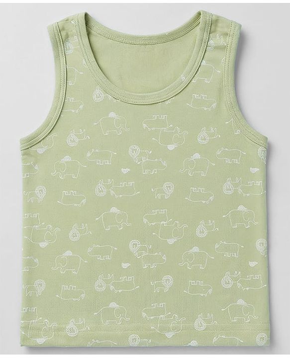 Babyhug 100% Cotton Single Jersey Knit Sleeveless Striped Sandos With Elephant Print Pack of 3 - Cream & Olive