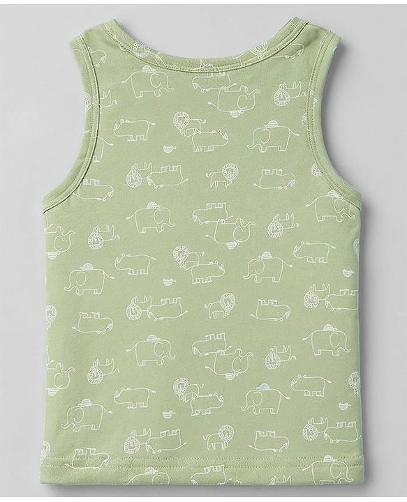 Babyhug 100% Cotton Single Jersey Knit Sleeveless Striped Sandos With Elephant Print Pack of 3 - Cream & Olive