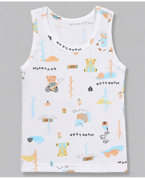 Babyhug 100% Cotton Single Jersey Knit Sleeveless Striped Sando With Teddy Print Pack of 3 - Yellow, White & Sky Blue