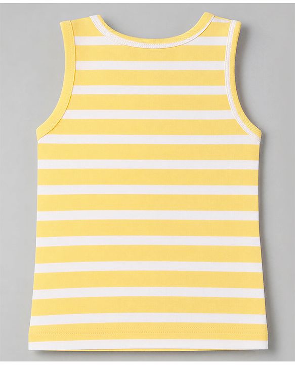 Babyhug 100% Cotton Single Jersey Knit Sleeveless Striped Sando With Teddy Print Pack of 3 - Yellow, White & Sky Blue