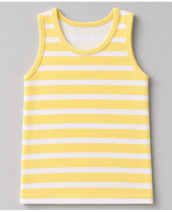 Babyhug 100% Cotton Single Jersey Knit Sleeveless Striped Sando With Teddy Print Pack of 3 - Yellow, White & Sky Blue