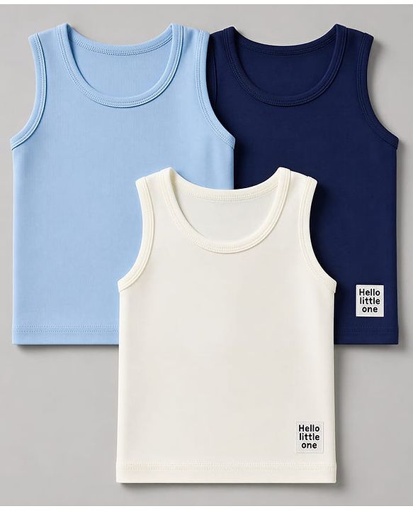 Babyhug 100% Cotton Single Jersey Knit Sleeveless Sando Pack of 3 - Blue,White, Light Blue